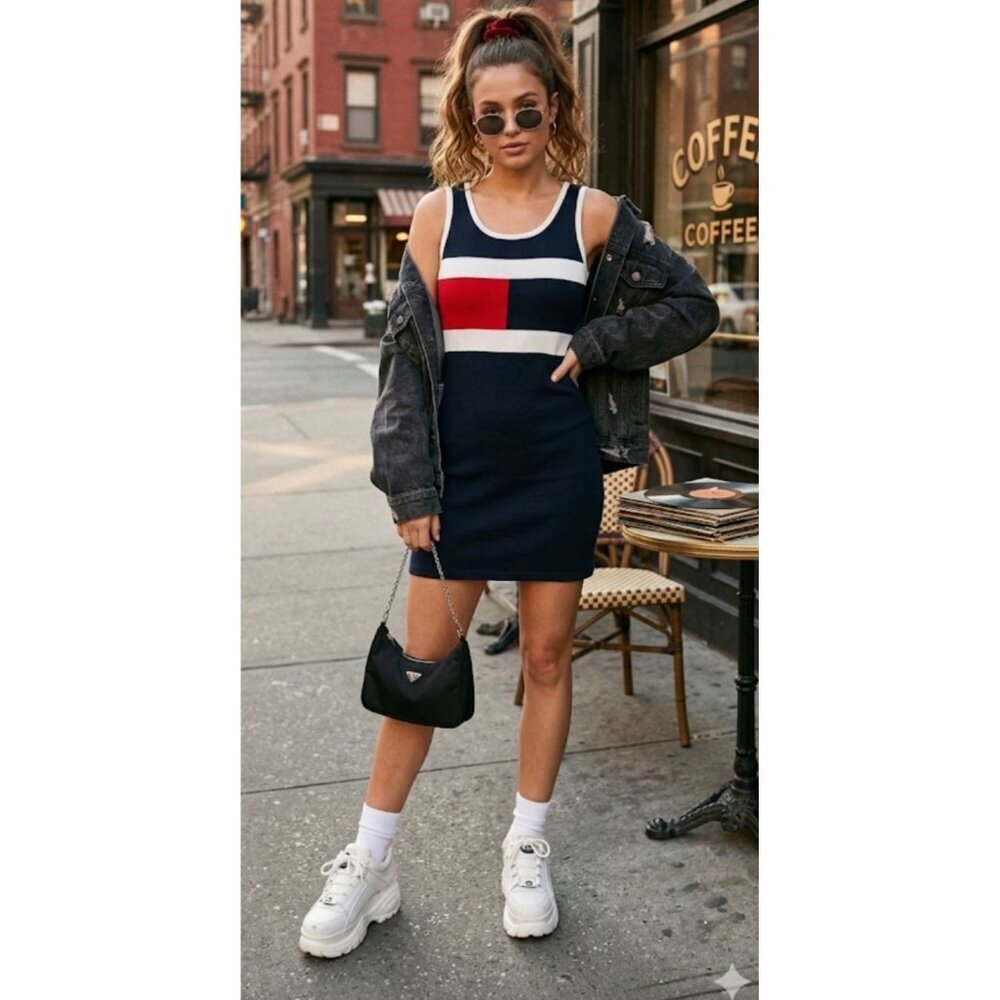 Vintage 90s American Red White Blue Mini Dress Sporty Athletic